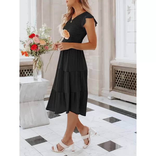 imageANRABESS Womens Summer Casual Flutter Short Sleeve V Neck Smocked ALine Tiered Midi Beach DressBlack