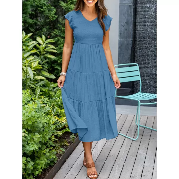 imageANRABESS Womens Summer Casual Flutter Short Sleeve V Neck Smocked ALine Tiered Midi Beach DressBlue