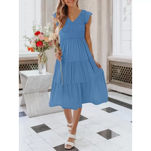 imageANRABESS Womens Summer Casual Flutter Short Sleeve V Neck Smocked ALine Tiered Midi Beach DressBlue