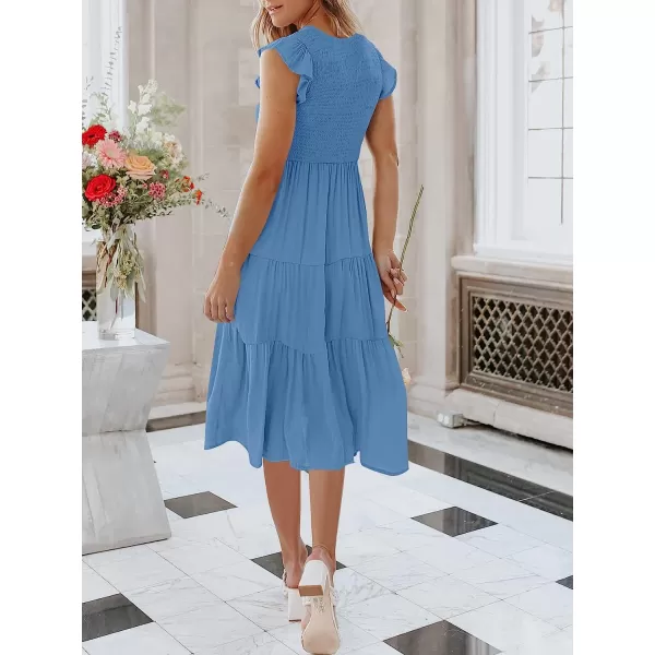 imageANRABESS Womens Summer Casual Flutter Short Sleeve V Neck Smocked ALine Tiered Midi Beach DressBlue