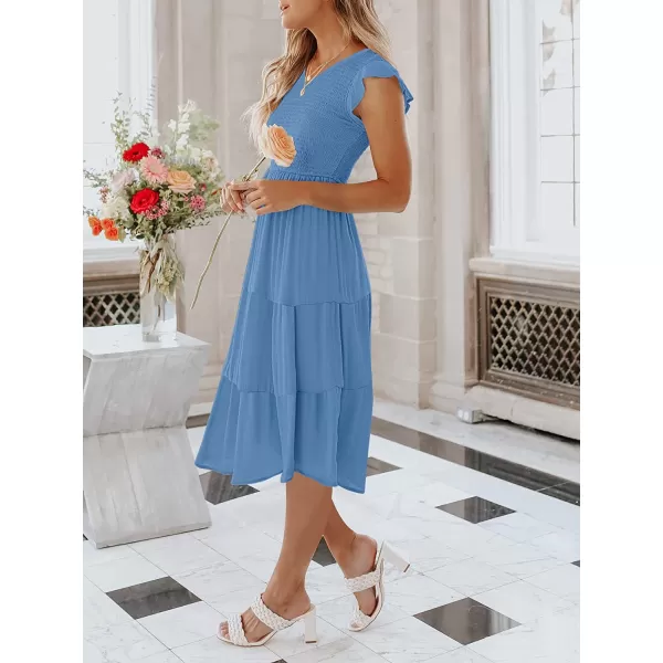 imageANRABESS Womens Summer Casual Flutter Short Sleeve V Neck Smocked ALine Tiered Midi Beach DressBlue