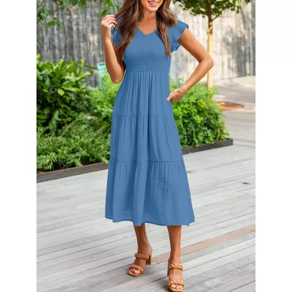 imageANRABESS Womens Summer Casual Flutter Short Sleeve V Neck Smocked ALine Tiered Midi Beach DressBlue