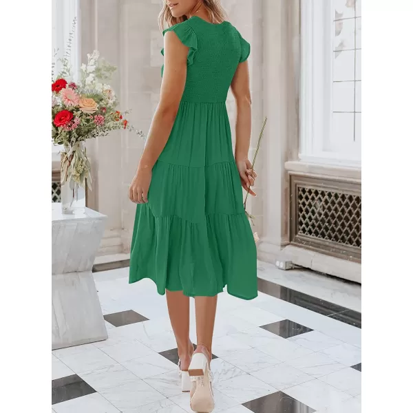 imageANRABESS Womens Summer Casual Flutter Short Sleeve V Neck Smocked ALine Tiered Midi Beach DressGreen