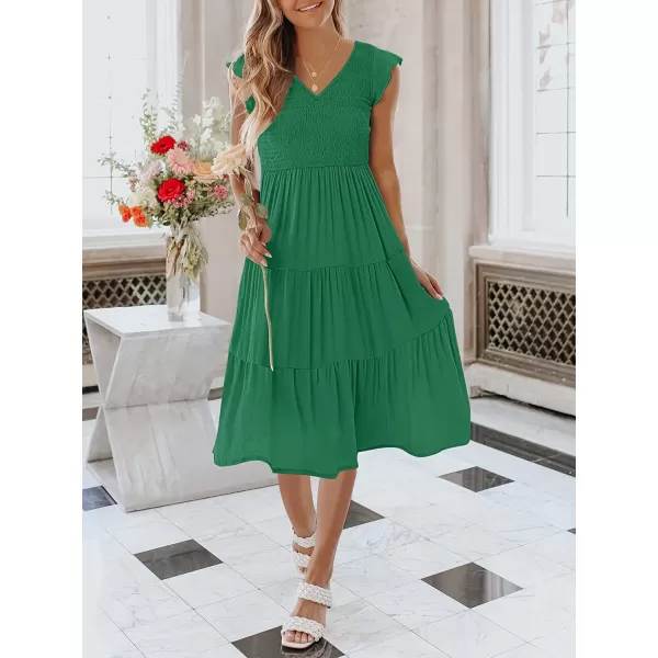 imageANRABESS Womens Summer Casual Flutter Short Sleeve V Neck Smocked ALine Tiered Midi Beach DressGreen