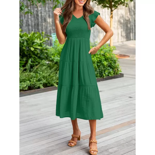 imageANRABESS Womens Summer Casual Flutter Short Sleeve V Neck Smocked ALine Tiered Midi Beach DressGreen