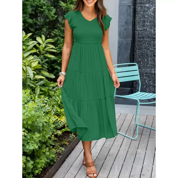 imageANRABESS Womens Summer Casual Flutter Short Sleeve V Neck Smocked ALine Tiered Midi Beach DressGreen