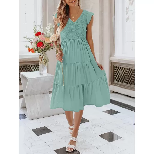 imageANRABESS Womens Summer Casual Flutter Short Sleeve V Neck Smocked ALine Tiered Midi Beach DressLake