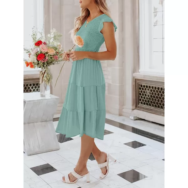 imageANRABESS Womens Summer Casual Flutter Short Sleeve V Neck Smocked ALine Tiered Midi Beach DressLake
