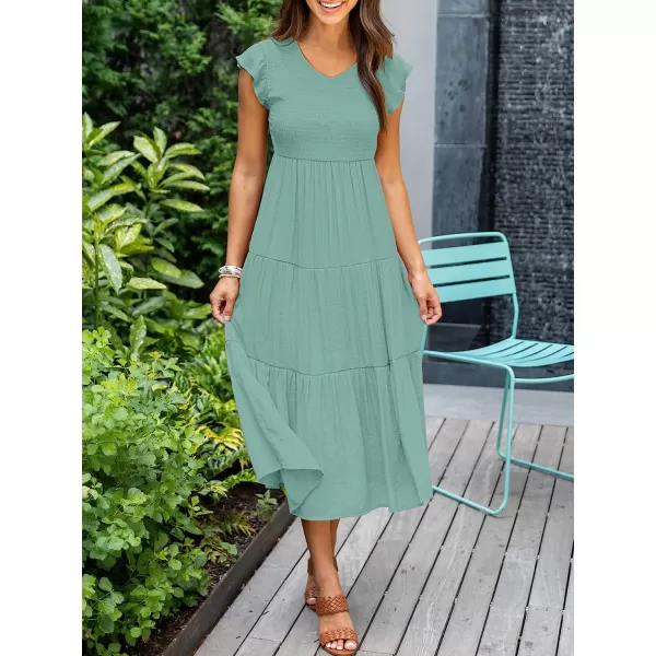imageANRABESS Womens Summer Casual Flutter Short Sleeve V Neck Smocked ALine Tiered Midi Beach DressLake