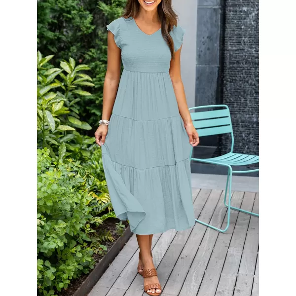 imageANRABESS Womens Summer Casual Flutter Short Sleeve V Neck Smocked ALine Tiered Midi Beach DressLight Bule