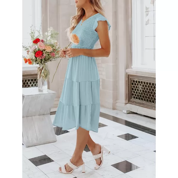 imageANRABESS Womens Summer Casual Flutter Short Sleeve V Neck Smocked ALine Tiered Midi Beach DressLight Bule