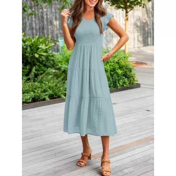 imageANRABESS Womens Summer Casual Flutter Short Sleeve V Neck Smocked ALine Tiered Midi Beach DressLight Bule