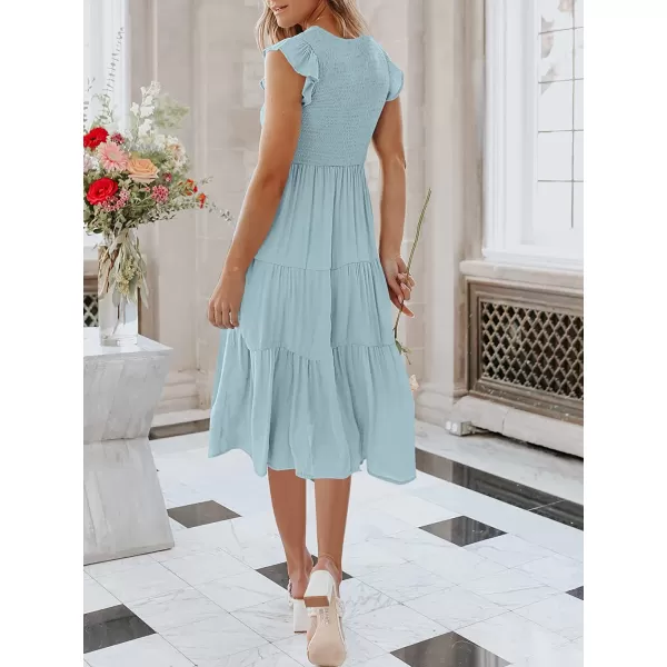 imageANRABESS Womens Summer Casual Flutter Short Sleeve V Neck Smocked ALine Tiered Midi Beach DressLight Bule