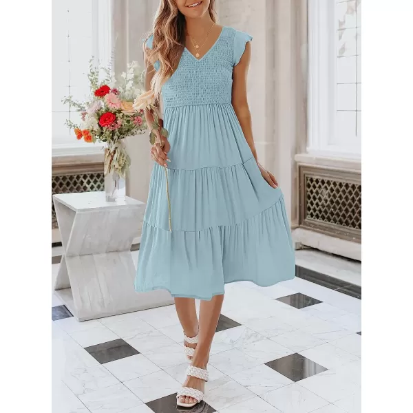 imageANRABESS Womens Summer Casual Flutter Short Sleeve V Neck Smocked ALine Tiered Midi Beach DressLight Bule