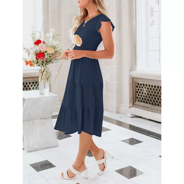 imageANRABESS Womens Summer Casual Flutter Short Sleeve V Neck Smocked ALine Tiered Midi Beach DressNavy Blue