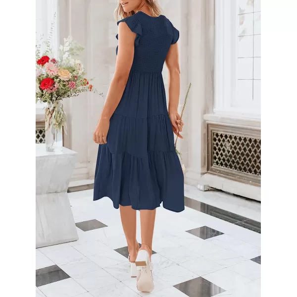 imageANRABESS Womens Summer Casual Flutter Short Sleeve V Neck Smocked ALine Tiered Midi Beach DressNavy Blue