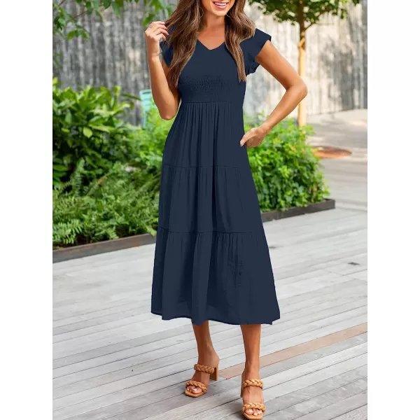 imageANRABESS Womens Summer Casual Flutter Short Sleeve V Neck Smocked ALine Tiered Midi Beach DressNavy Blue