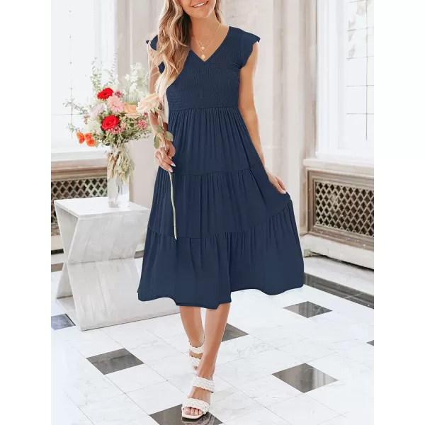 imageANRABESS Womens Summer Casual Flutter Short Sleeve V Neck Smocked ALine Tiered Midi Beach DressNavy Blue