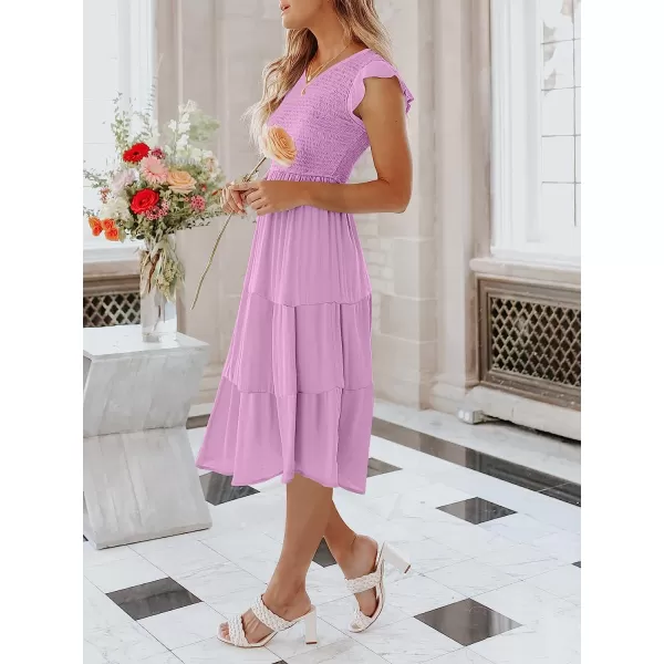 imageANRABESS Womens Summer Casual Flutter Short Sleeve V Neck Smocked ALine Tiered Midi Beach DressPurple