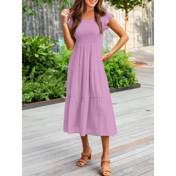 imageANRABESS Womens Summer Casual Flutter Short Sleeve V Neck Smocked ALine Tiered Midi Beach DressPurple