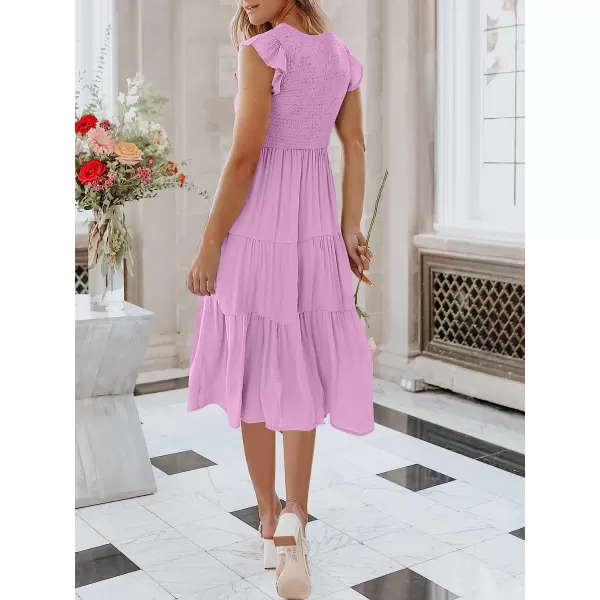 imageANRABESS Womens Summer Casual Flutter Short Sleeve V Neck Smocked ALine Tiered Midi Beach DressPurple