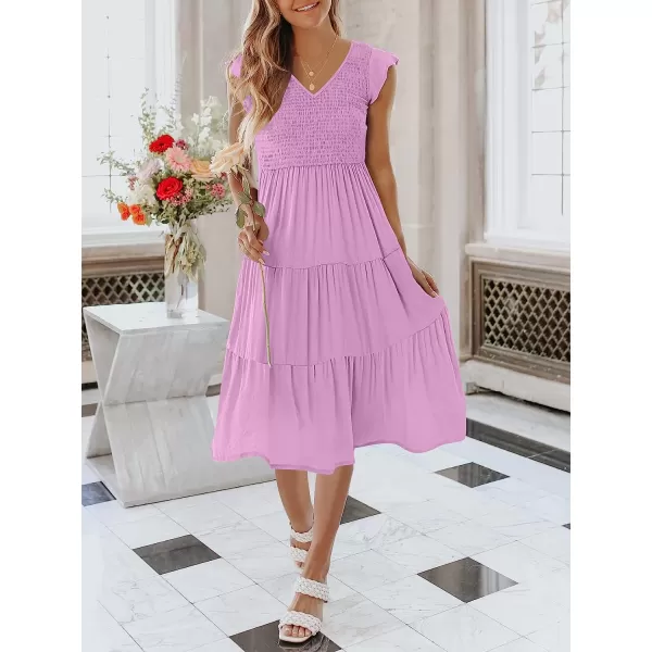 imageANRABESS Womens Summer Casual Flutter Short Sleeve V Neck Smocked ALine Tiered Midi Beach DressPurple