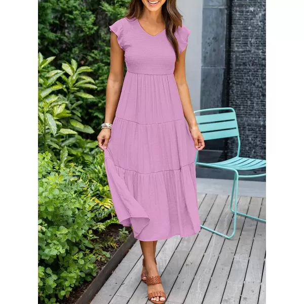 imageANRABESS Womens Summer Casual Flutter Short Sleeve V Neck Smocked ALine Tiered Midi Beach DressPurple