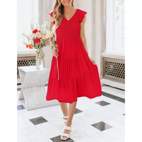 imageANRABESS Womens Summer Casual Flutter Short Sleeve V Neck Smocked ALine Tiered Midi Beach DressRed