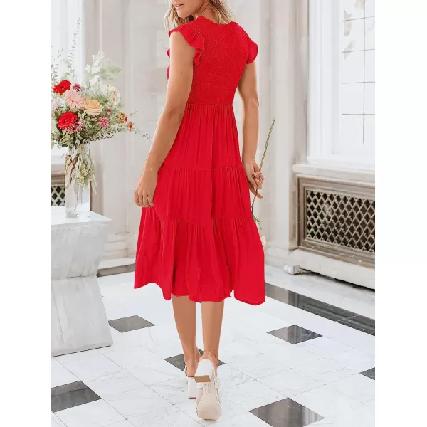 imageANRABESS Womens Summer Casual Flutter Short Sleeve V Neck Smocked ALine Tiered Midi Beach DressRed