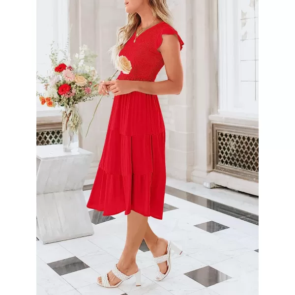 imageANRABESS Womens Summer Casual Flutter Short Sleeve V Neck Smocked ALine Tiered Midi Beach DressRed