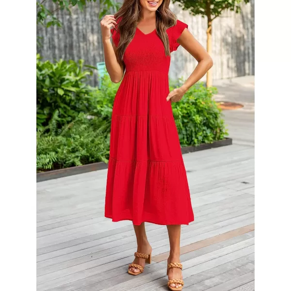 imageANRABESS Womens Summer Casual Flutter Short Sleeve V Neck Smocked ALine Tiered Midi Beach DressRed