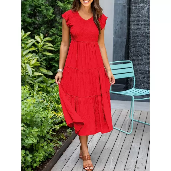 imageANRABESS Womens Summer Casual Flutter Short Sleeve V Neck Smocked ALine Tiered Midi Beach DressRed