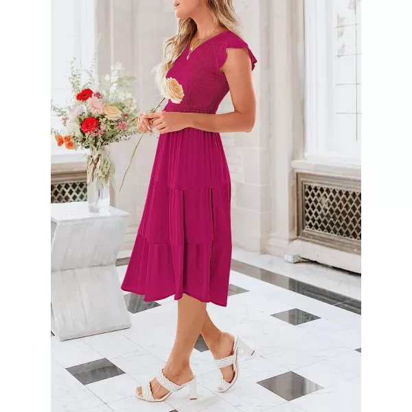 imageANRABESS Womens Summer Casual Flutter Short Sleeve V Neck Smocked ALine Tiered Midi Beach DressRose