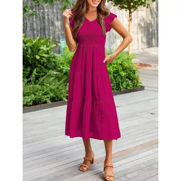 imageANRABESS Womens Summer Casual Flutter Short Sleeve V Neck Smocked ALine Tiered Midi Beach DressRose