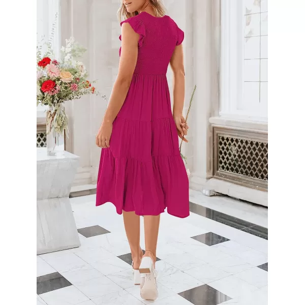 imageANRABESS Womens Summer Casual Flutter Short Sleeve V Neck Smocked ALine Tiered Midi Beach DressRose