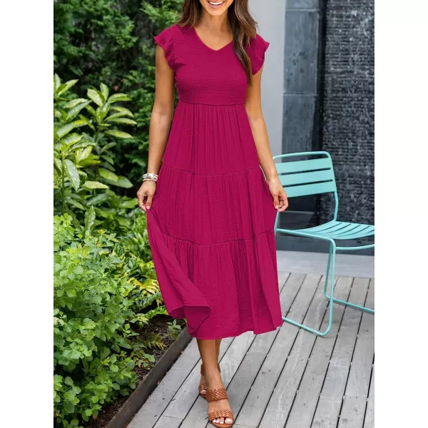 imageANRABESS Womens Summer Casual Flutter Short Sleeve V Neck Smocked ALine Tiered Midi Beach DressRose