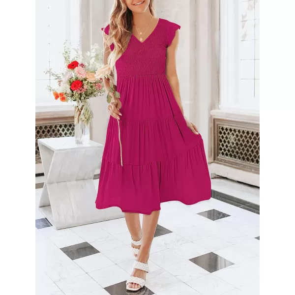 imageANRABESS Womens Summer Casual Flutter Short Sleeve V Neck Smocked ALine Tiered Midi Beach DressRose