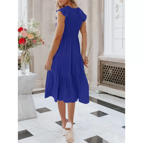 imageANRABESS Womens Summer Casual Flutter Short Sleeve V Neck Smocked ALine Tiered Midi Beach DressRoyal Blue