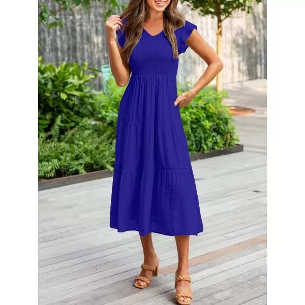 imageANRABESS Womens Summer Casual Flutter Short Sleeve V Neck Smocked ALine Tiered Midi Beach DressRoyal Blue