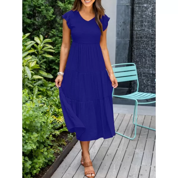 imageANRABESS Womens Summer Casual Flutter Short Sleeve V Neck Smocked ALine Tiered Midi Beach DressRoyal Blue