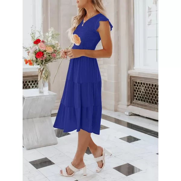 imageANRABESS Womens Summer Casual Flutter Short Sleeve V Neck Smocked ALine Tiered Midi Beach DressRoyal Blue
