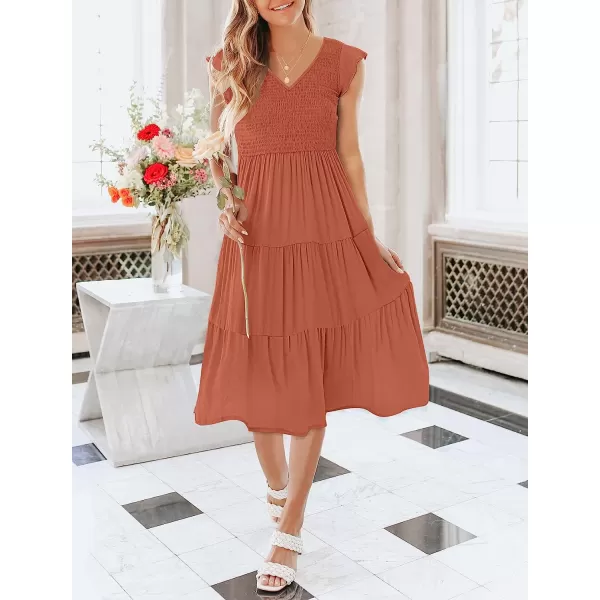 imageANRABESS Womens Summer Casual Flutter Short Sleeve V Neck Smocked ALine Tiered Midi Beach DressRust