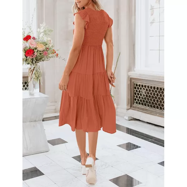 imageANRABESS Womens Summer Casual Flutter Short Sleeve V Neck Smocked ALine Tiered Midi Beach DressRust