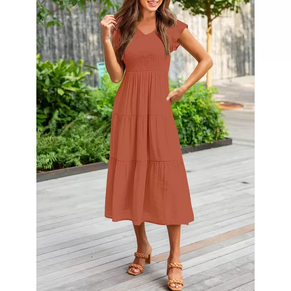 imageANRABESS Womens Summer Casual Flutter Short Sleeve V Neck Smocked ALine Tiered Midi Beach DressRust