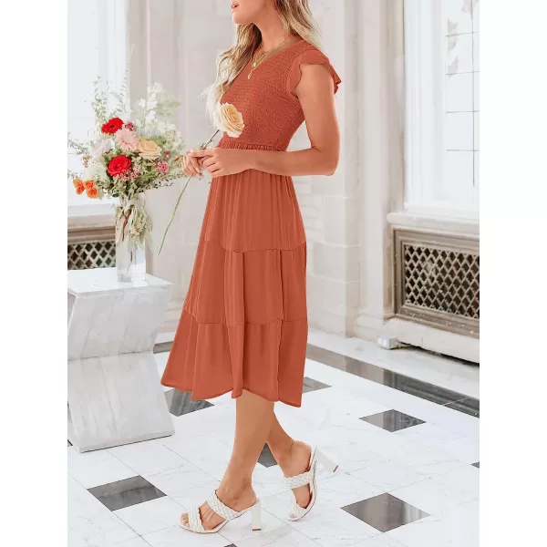 imageANRABESS Womens Summer Casual Flutter Short Sleeve V Neck Smocked ALine Tiered Midi Beach DressRust