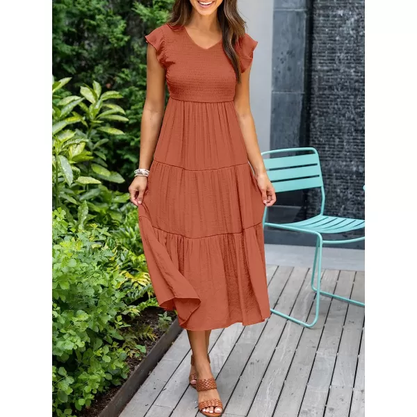 imageANRABESS Womens Summer Casual Flutter Short Sleeve V Neck Smocked ALine Tiered Midi Beach DressRust