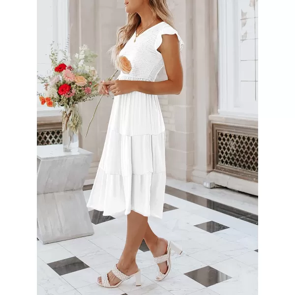 imageANRABESS Womens Summer Casual Flutter Short Sleeve V Neck Smocked ALine Tiered Midi Beach DressWhite