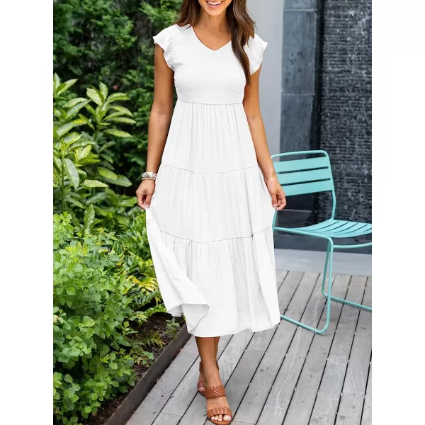 imageANRABESS Womens Summer Casual Flutter Short Sleeve V Neck Smocked ALine Tiered Midi Beach DressWhite