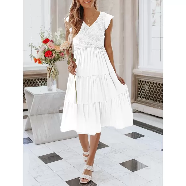 imageANRABESS Womens Summer Casual Flutter Short Sleeve V Neck Smocked ALine Tiered Midi Beach DressWhite