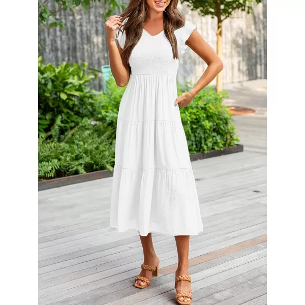 imageANRABESS Womens Summer Casual Flutter Short Sleeve V Neck Smocked ALine Tiered Midi Beach DressWhite